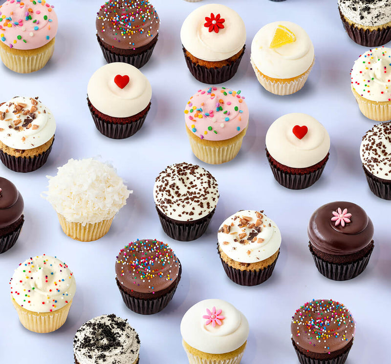 Assorted cupcakes with different frosting styles and toppings arranged on a light background