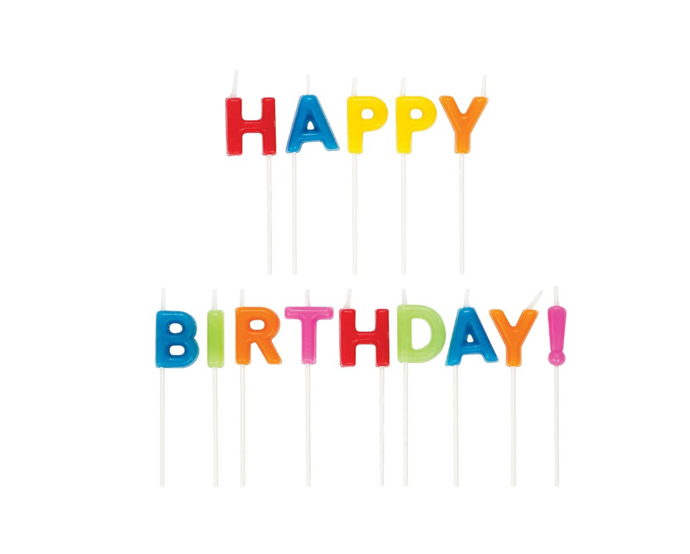 Colorful “Happy Birthday” letter candles