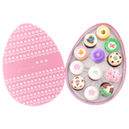 Spring cupcakes in a pink egg-shaped gift box with floral design