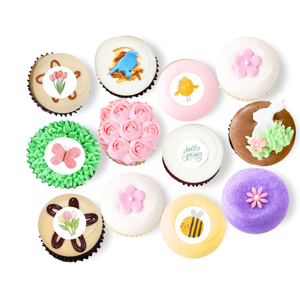 Spring cupcakes with flowers, butterflies, bees, and bird decorations