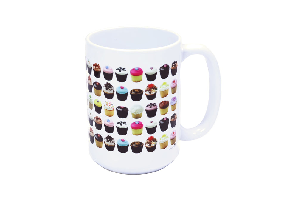 Ceramic mug with colorful cupcake illustrations