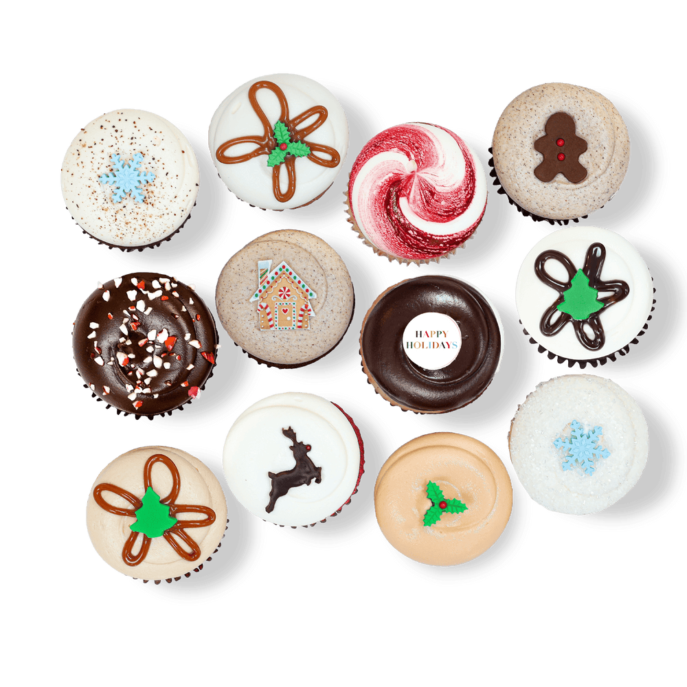 Holiday cupcakes with festive decorations