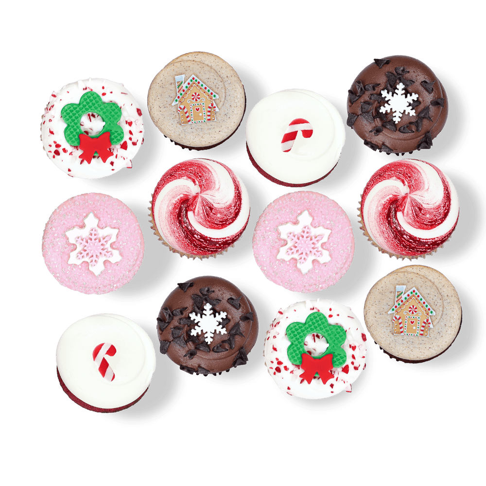 Holiday cupcakes with peppermint swirls, wreaths, gingerbread, and candy canes