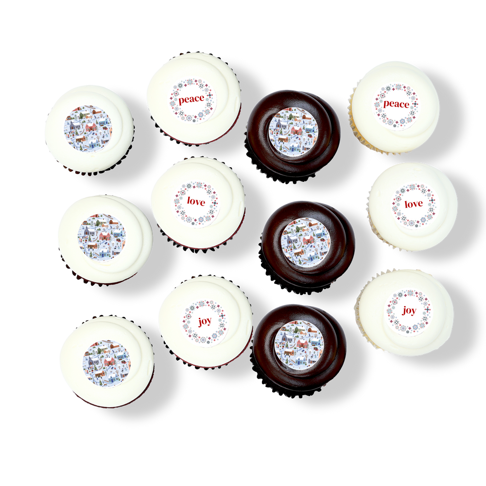 Holiday cupcake dozen with winter-themed decorations