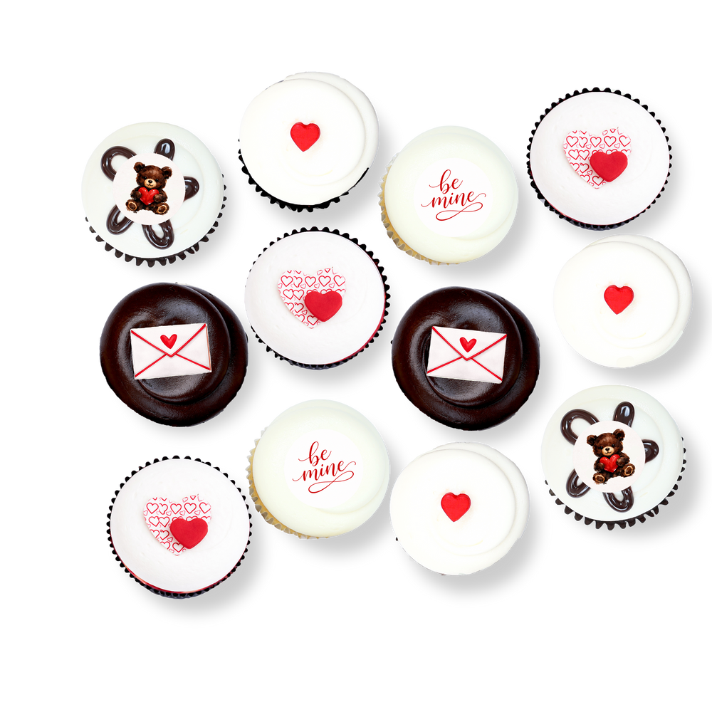 Valentine’s Day cupcakes with heart decorations and love messages