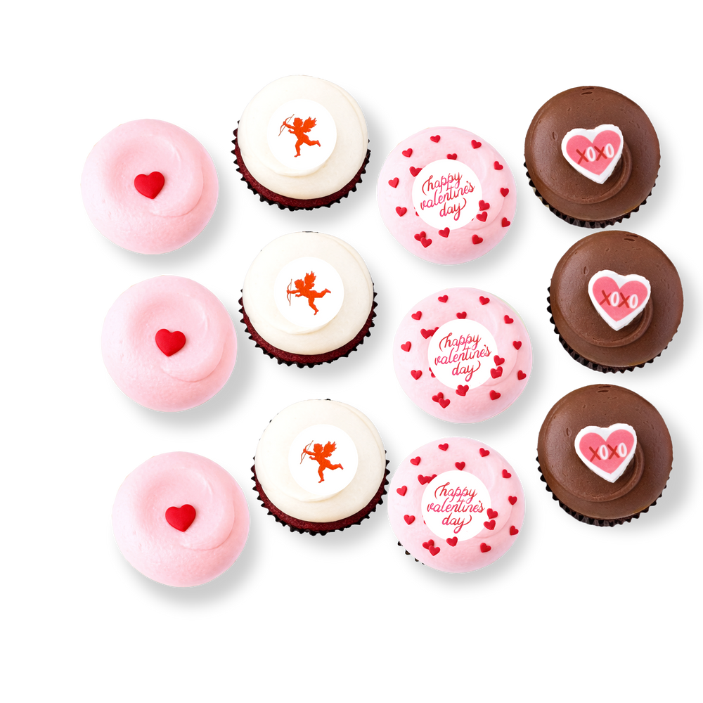 Valentine’s cupcakes with hearts and cupid designs
