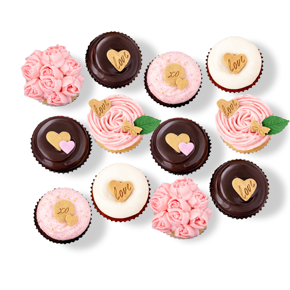 Pink and chocolate cupcakes with rose gold hearts