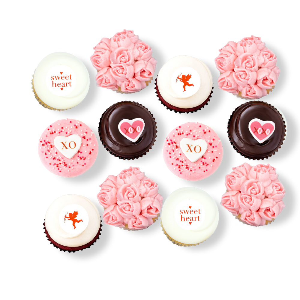 Valentine’s cupcake dozen with roses and XO decorations