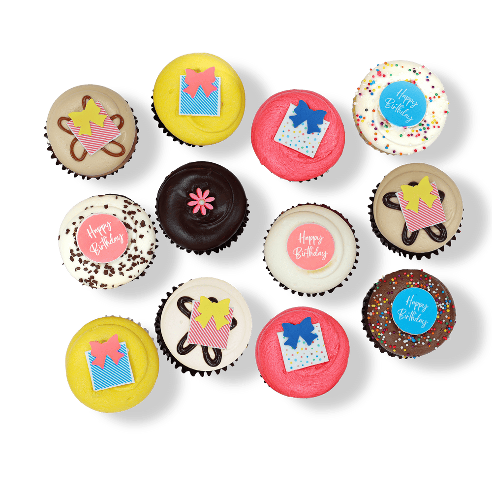 Birthday cupcake dozen with candles and colorful decorations