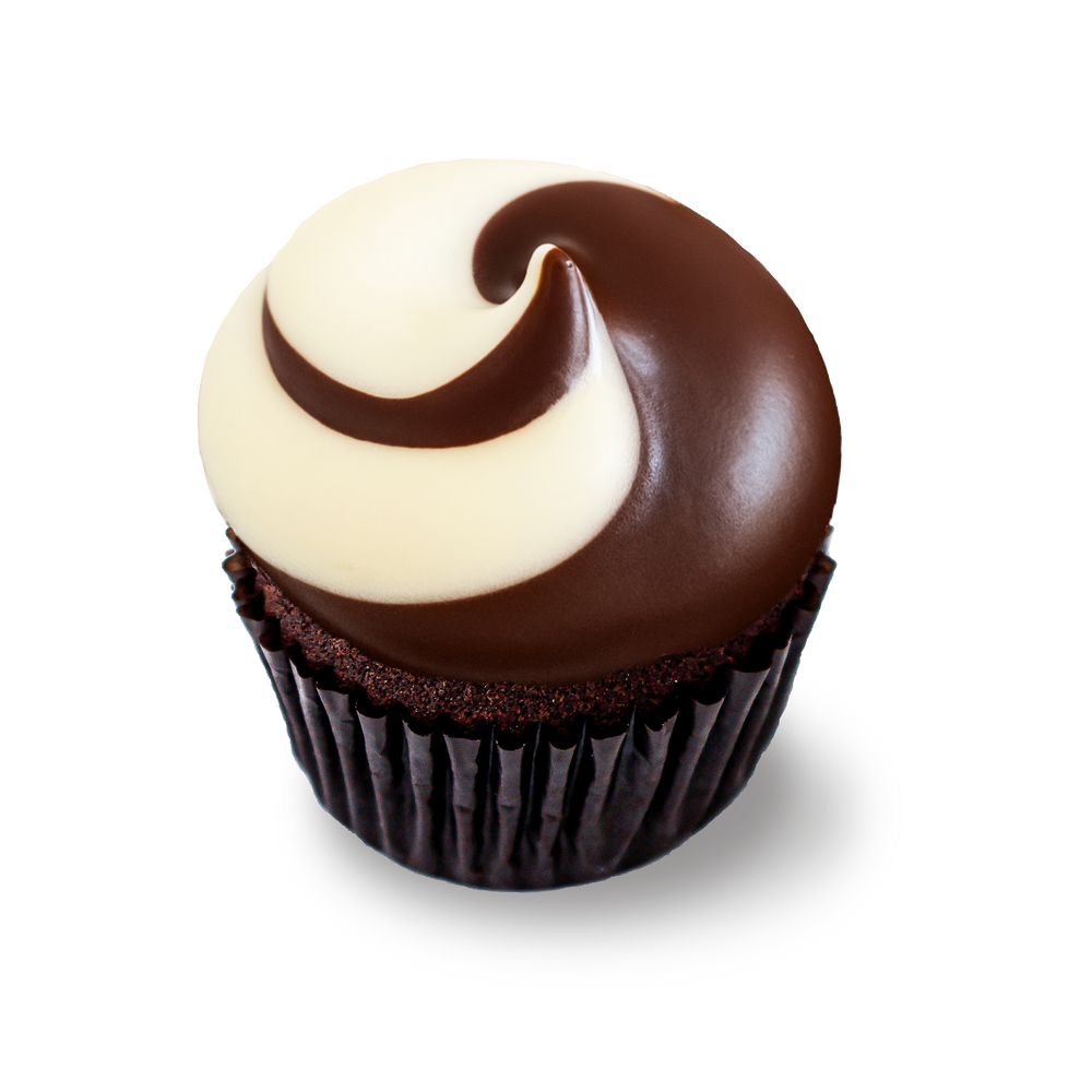 Chocolate cupcake with black and white swirl frosting