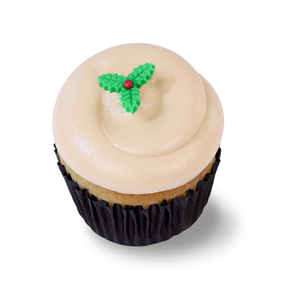 Butterscotch cheesecake cupcake with holly decoration