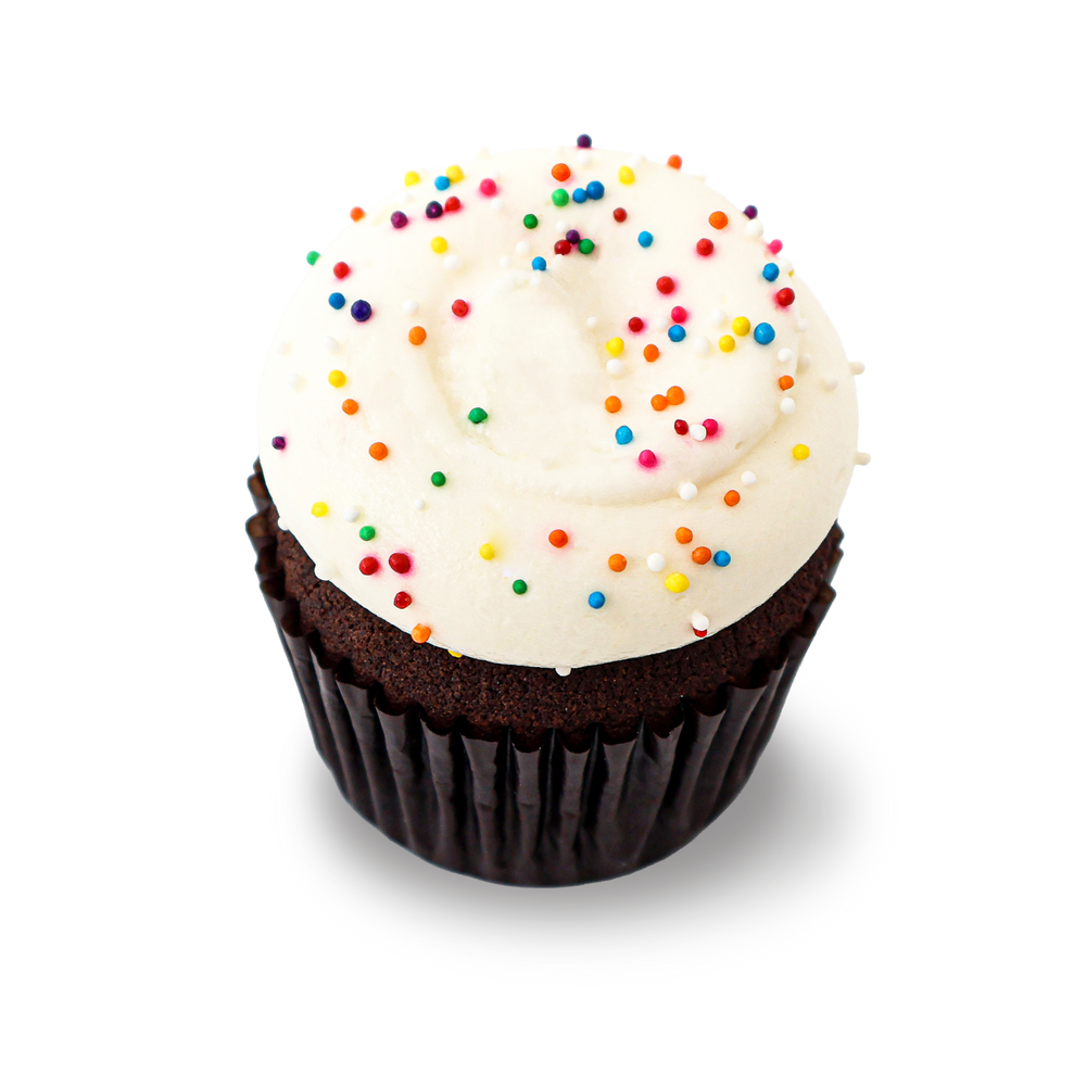 Chocolate cupcake with vanilla frosting and rainbow sprinkles