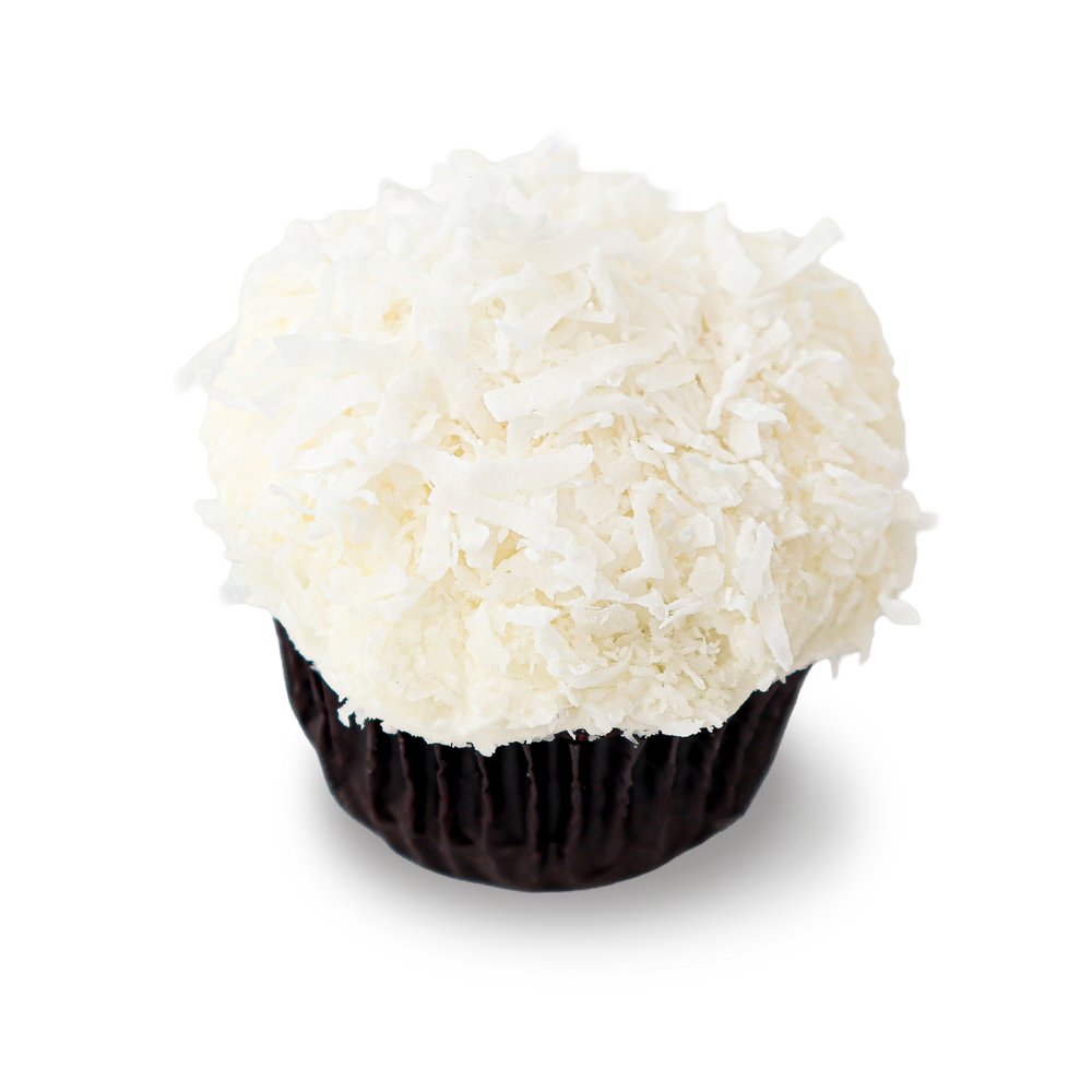 Chocolate cupcake with vanilla frosting and shredded coconut