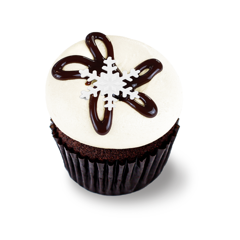 Chocolate cupcake with marshmallow frosting and snowflake