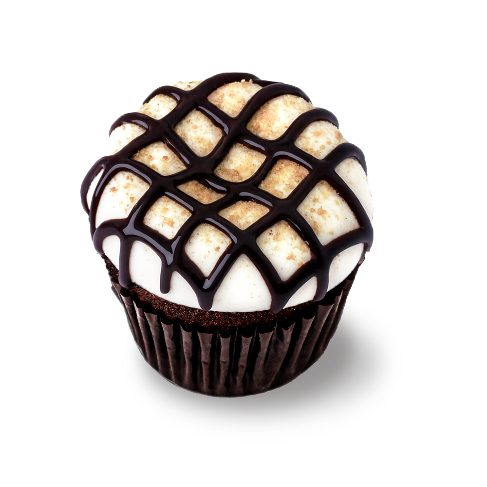 Chocolate cheesecake cupcake with marshmallow frosting and crumbs