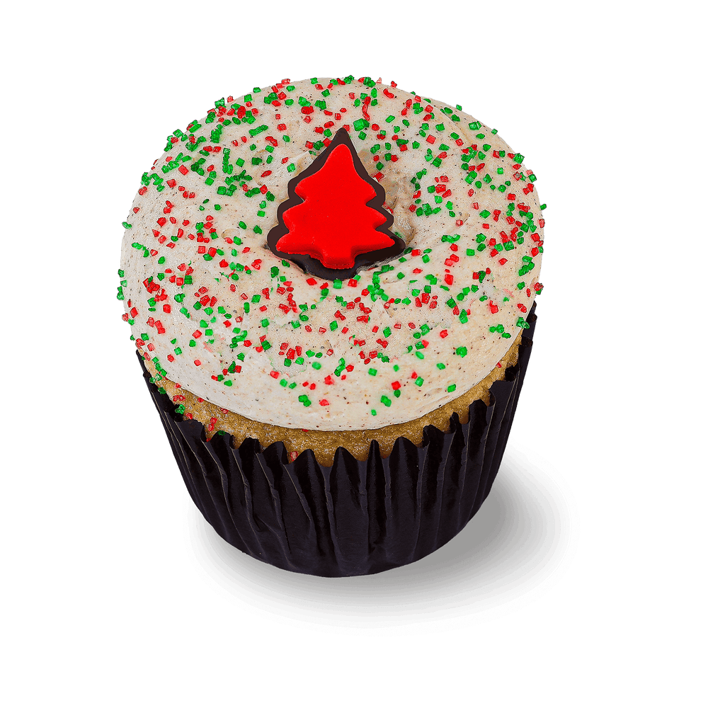 Vanilla cupcake with Christmas sprinkles and tree topper
