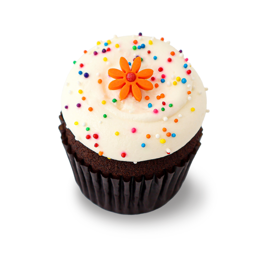 Gluten-free chocolate cupcake with vanilla frosting and orange flower