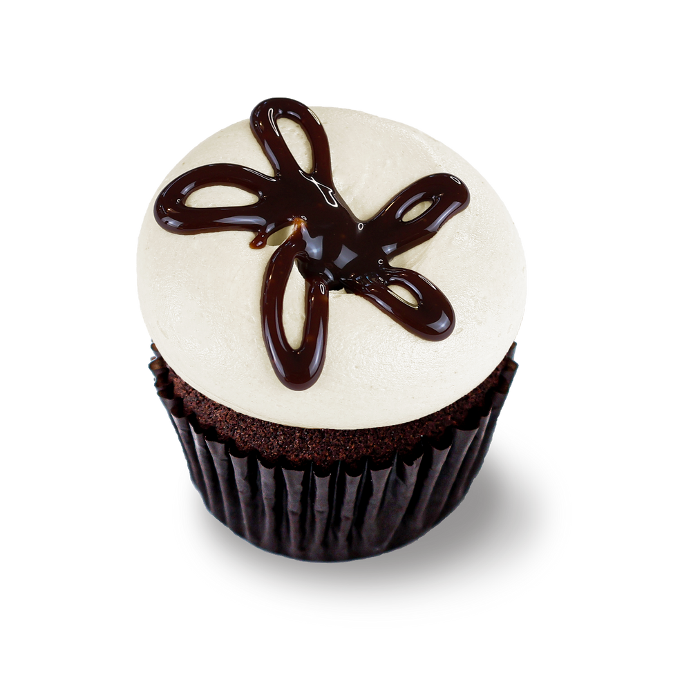 Chocolate lava cupcake with vanilla buttercream and fudge drizzle
