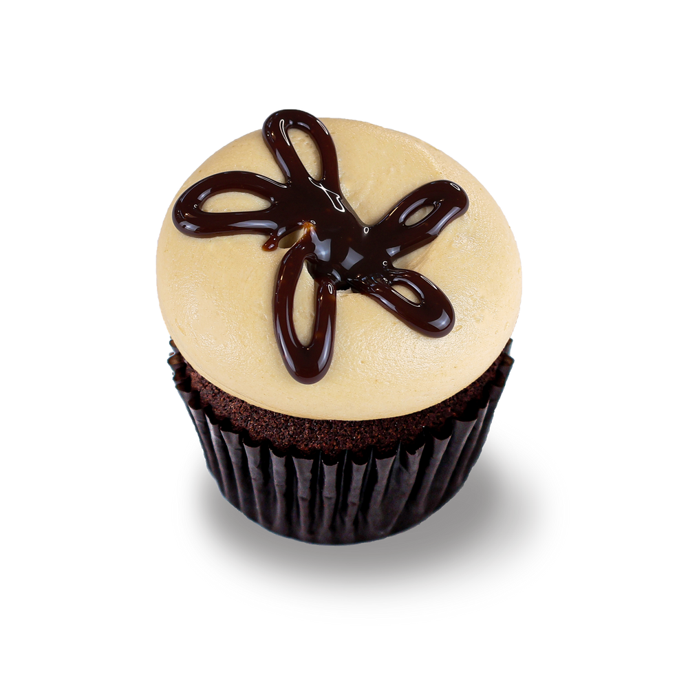 Chocolate cupcake with peanut butter frosting and drizzle