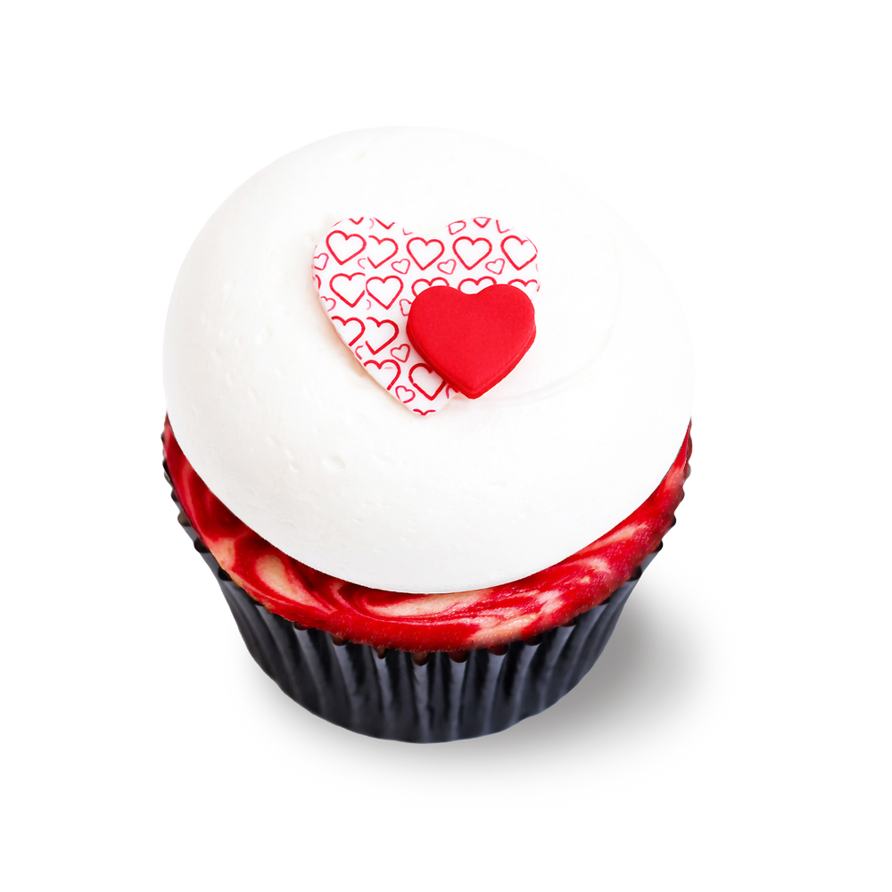 Red velvet cheesecake cupcake with layered hearts