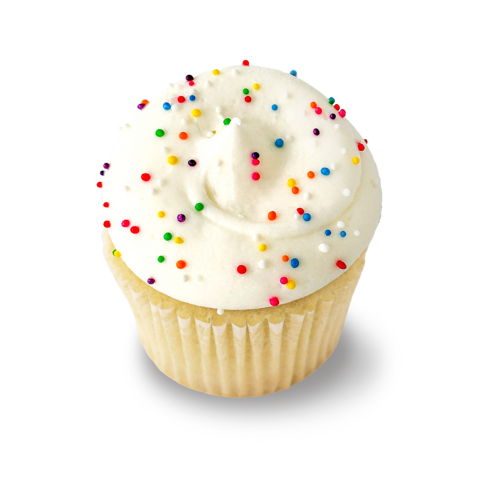 Vanilla cupcake with buttercream and rainbow sprinkles
