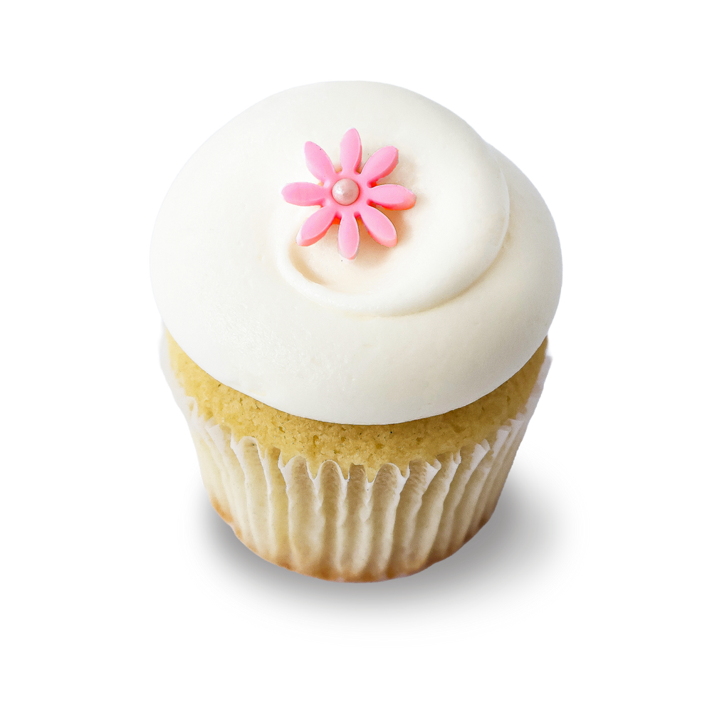 Classic vanilla cupcake with cream cheese frosting and pink flower