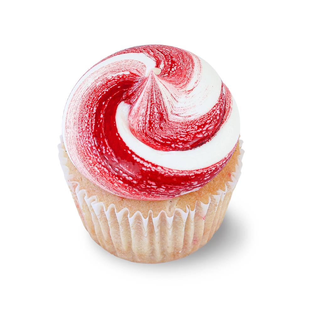 White chocolate peppermint cupcake with candy cane swirl frosting