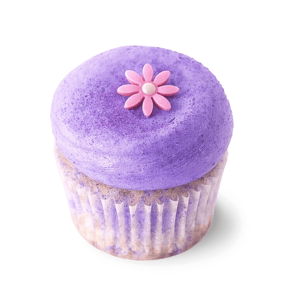 Lavender Earl Grey cupcake with purple frosting and flower