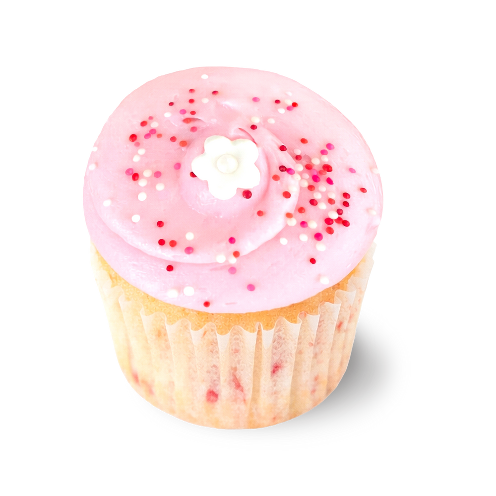 Vanilla cupcake with cherry frosting and cherry blossom decoration