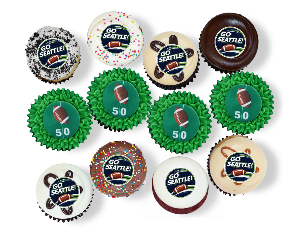 Football-themed cupcakes with green grass frosting