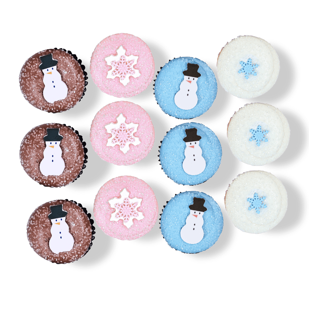 Holiday cupcakes with snowman and snowflake decorations