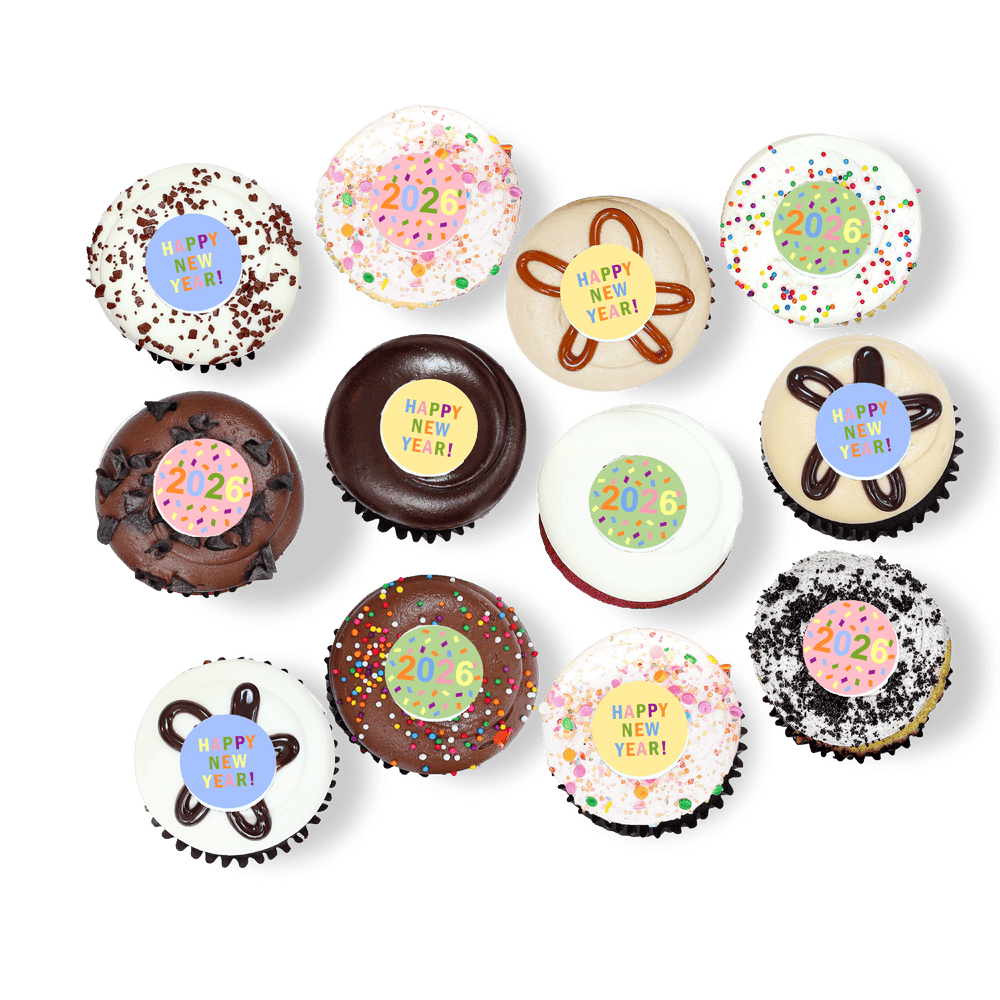 New Year cupcakes with colorful frosting and “2026” toppers