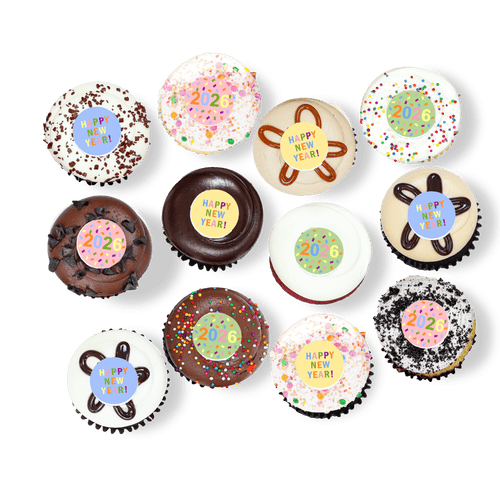 New Year cupcakes with colorful frosting and “2026” toppers