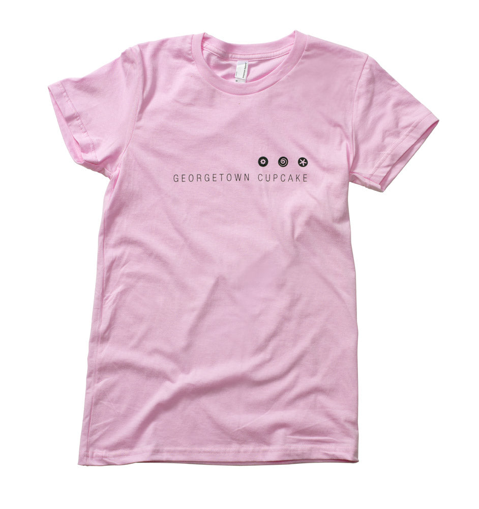 Light pink Georgetown Cupcake logo T-shirt laid flat