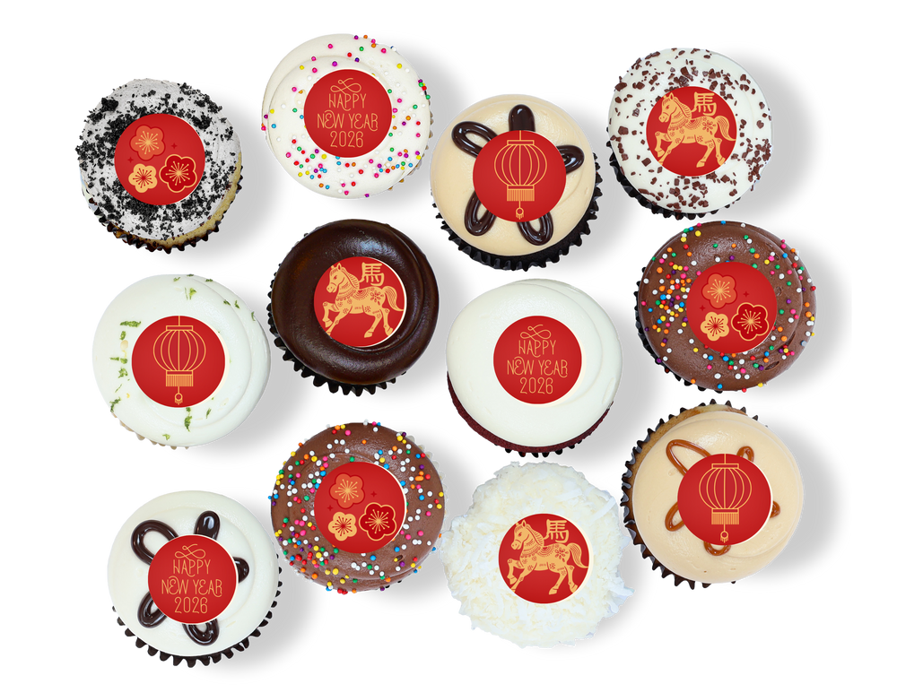Lunar New Year cupcakes with red and gold decorations