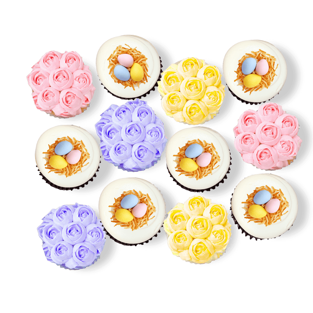 Easter cupcakes with buttercream flowers and chocolate nests with pastel eggs