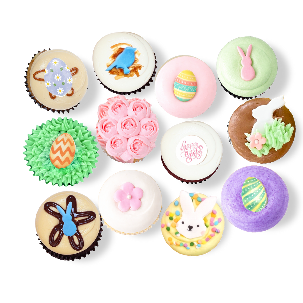 Easter cupcakes with pastel frosting, bunny and egg decorations