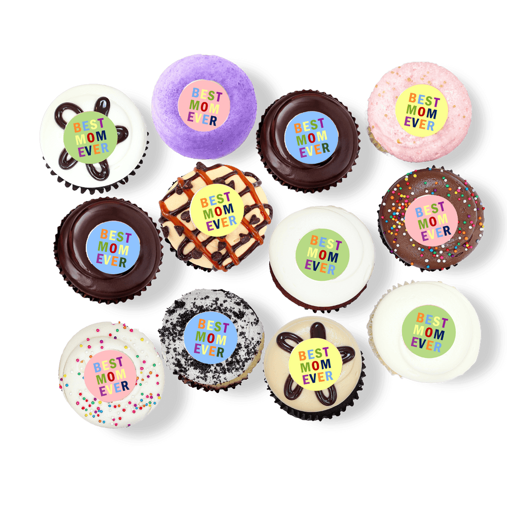 Cupcakes with “Best Mom Ever” toppers in mixed flavors