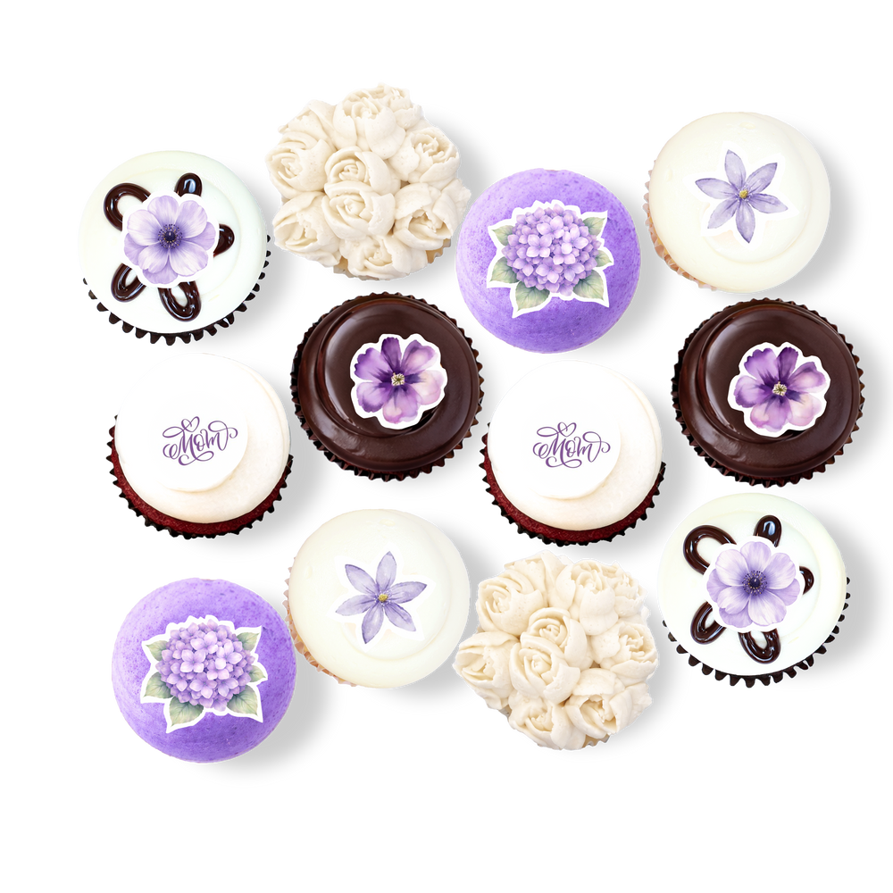 “Sweetest Mom” cupcake dozen with purple floral decorations