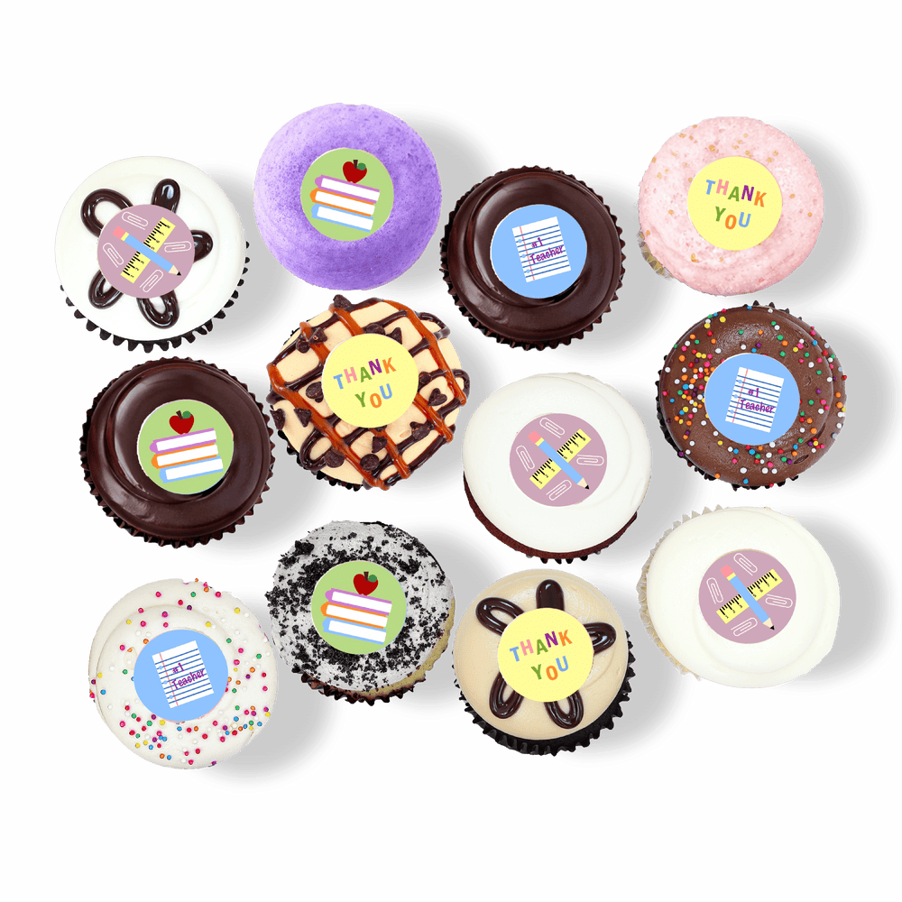 Teacher appreciation cupcakes with “Thank You” and school-themed toppers