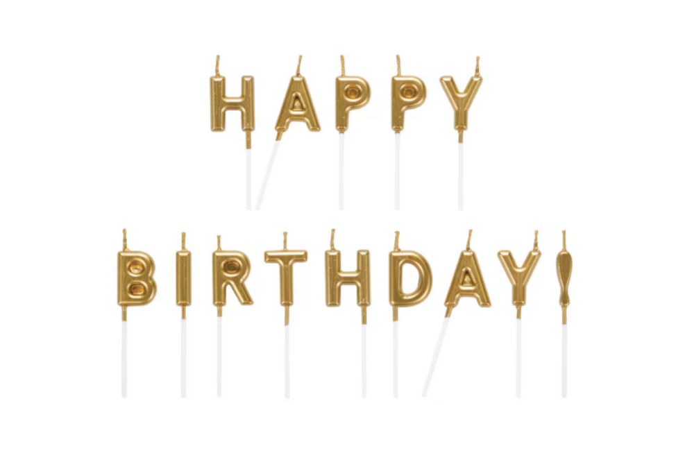 Gold “Happy Birthday” letter candles