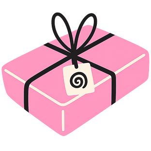 Illustration of a pink gift box with a black ribbon and a gift tag