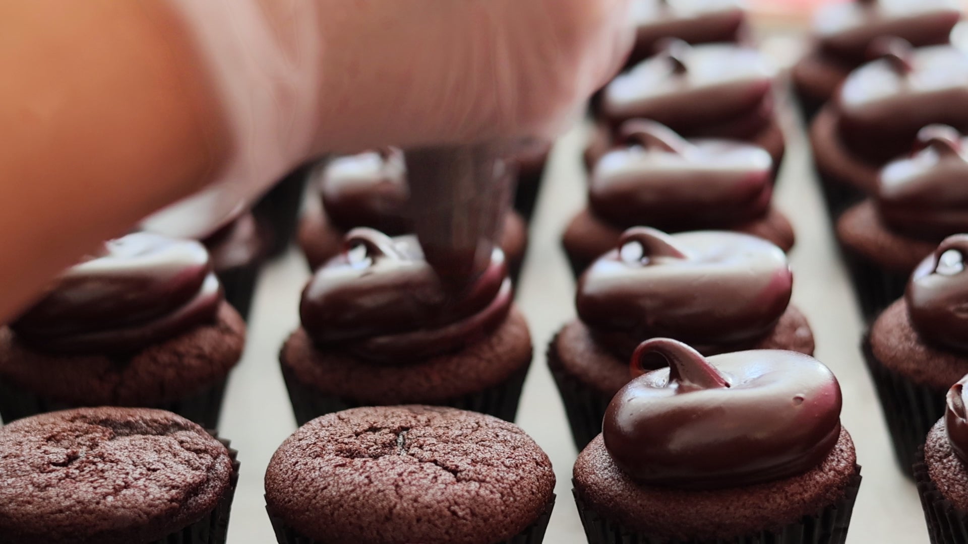 Baker piping chocolate frosting onto rows of chocolate cupcakes