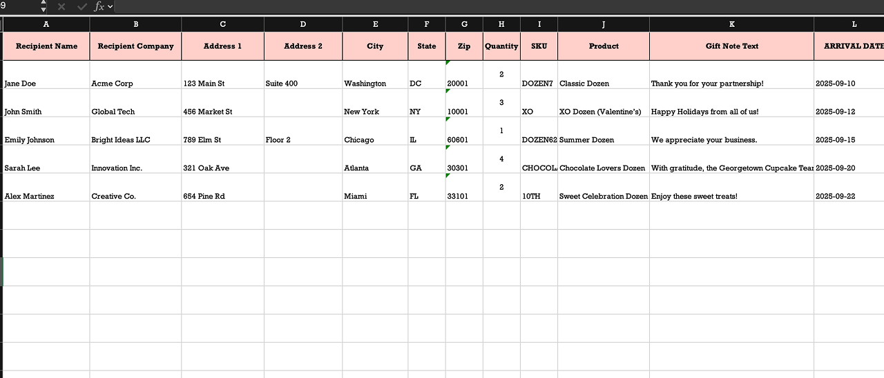 Spreadsheet showing recipient details, shipping addresses, product SKUs, and gift order information